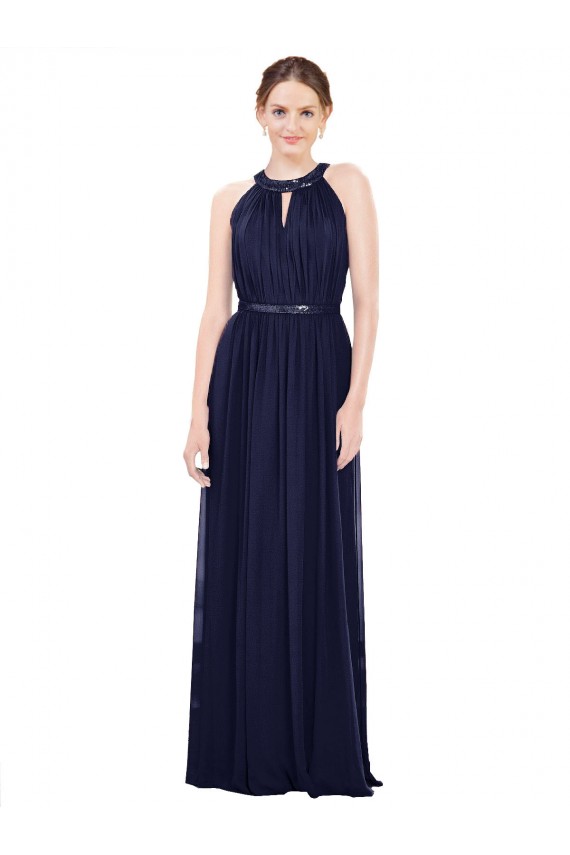 Sleeveless High Neck Soft Chiffon Dark Navy Long Bridesmaid Dress / Formal Dress Bath
