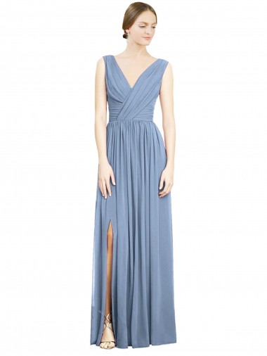 Sleeveless V-Neck Soft Chiffon Dusty Blue Long Semi Formal Evening Dress / Bridesmaid Dress Bath