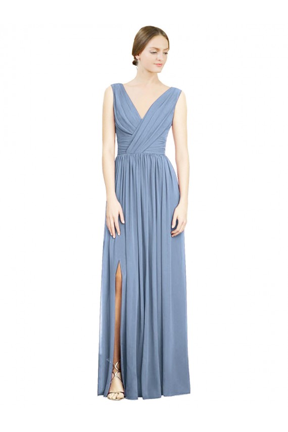 Sleeveless V-Neck Soft Chiffon Dusty Blue Long Semi Formal Evening Dress / Bridesmaid Dress Bath