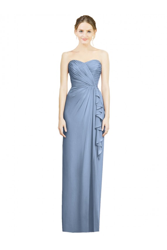 Sleeveless Strapless Soft Chiffon Dusty Blue Long Bridesmaid Dress Bath