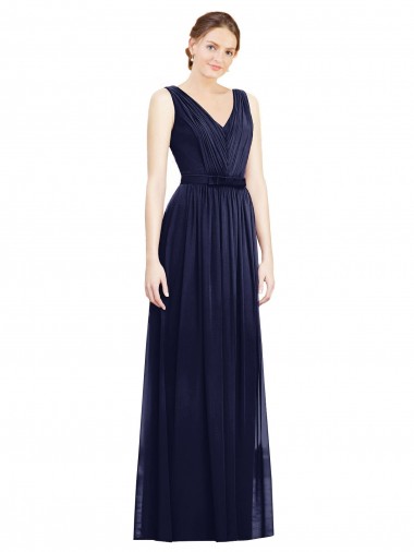 Sleeveless V-Neck Chiffon Dark Navy Long Bridesmaid Gowns Bath
