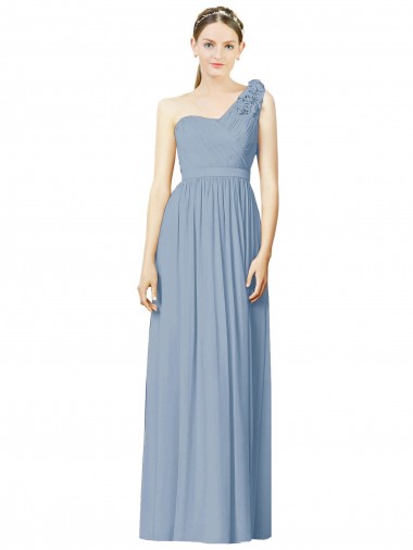 Sleeveless One Shoulder Soft Chiffon Dusty Blue Long Bridesmaid Dress Bath