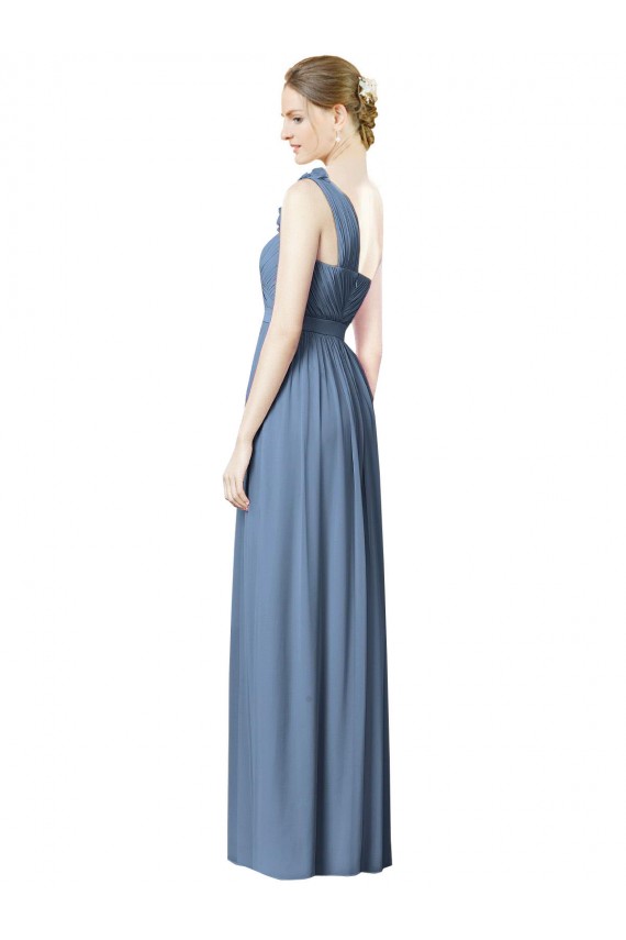 Sleeveless One Shoulder Soft Chiffon Dusty Blue Long Bridesmaid Dress Bath
