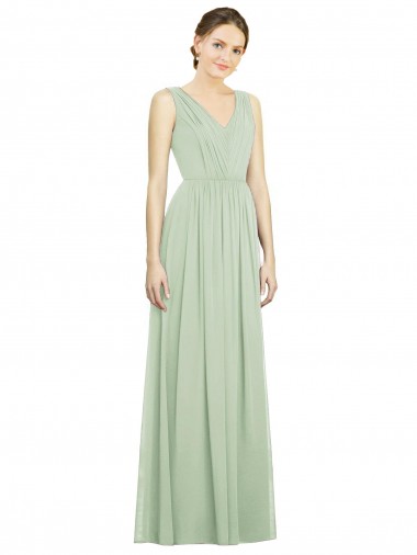 Sleeveless V-Neck Soft Chiffon Sage Long Bridesmaid Dress Bath