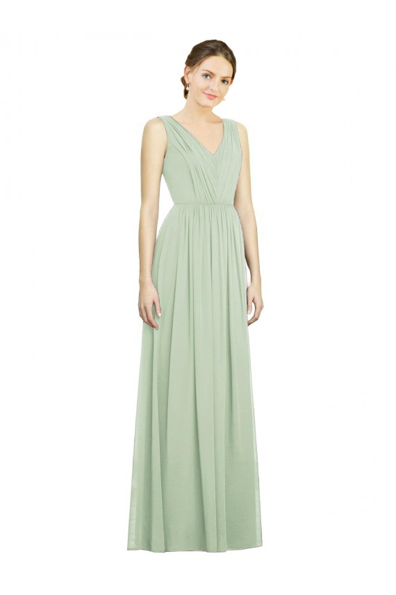 Sleeveless V-Neck Soft Chiffon Sage Long Bridesmaid Dress Bath