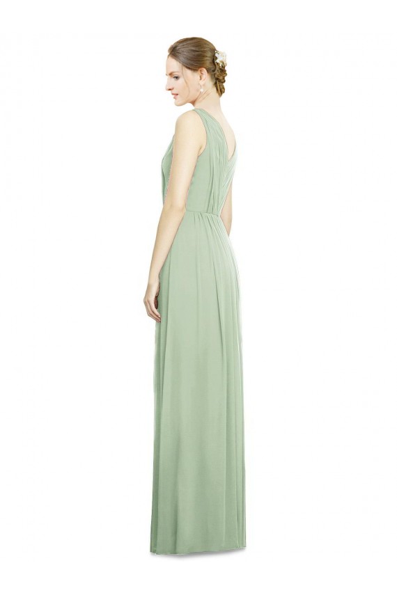 Sleeveless V-Neck Soft Chiffon Sage Long Bridesmaid Dress Bath