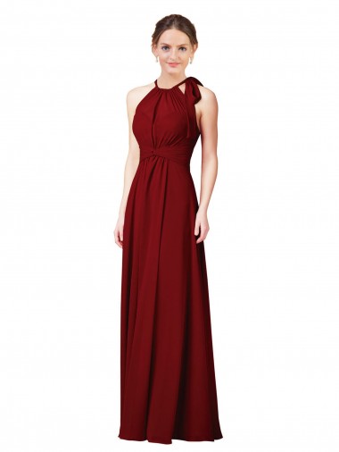 Sleeveless Halter Neck Soft Chiffon Burgundy Sheath Long Bridesmaid Dress Bath
