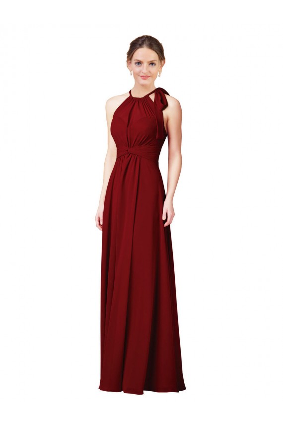 Sleeveless Halter Neck Soft Chiffon Burgundy Sheath Long Bridesmaid Dress Bath