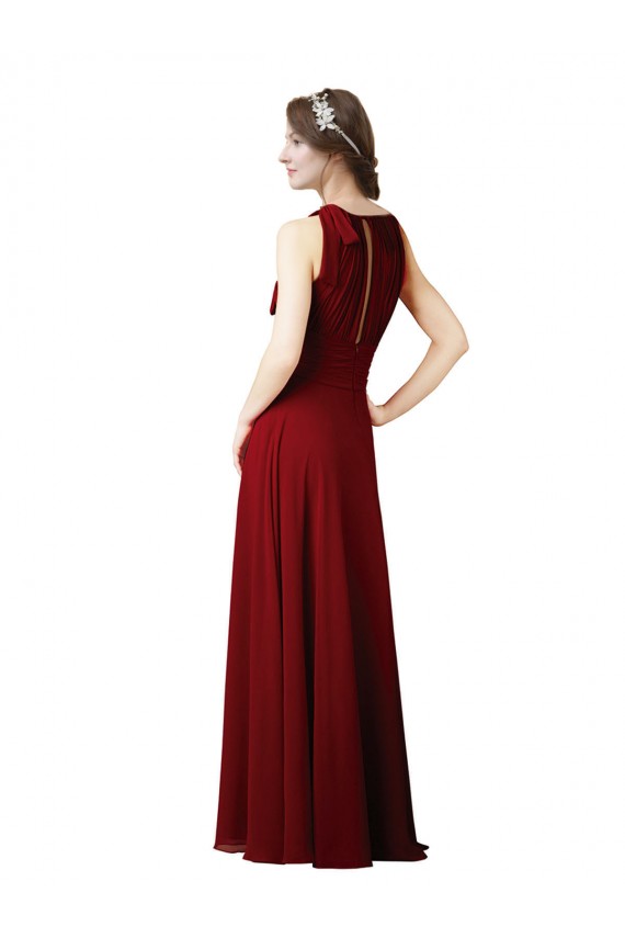 Sleeveless Halter Neck Soft Chiffon Burgundy Sheath Long Bridesmaid Dress Bath