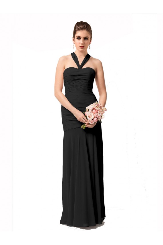 Sleeveless Halter Neck Chiffon Black Long Bridesmaid Dress / Evening Dress Bath