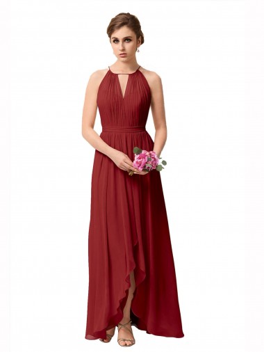 Sleeveless High Neck Soft Chiffon Burgundy High Low Bridesmaid Dress Bath
