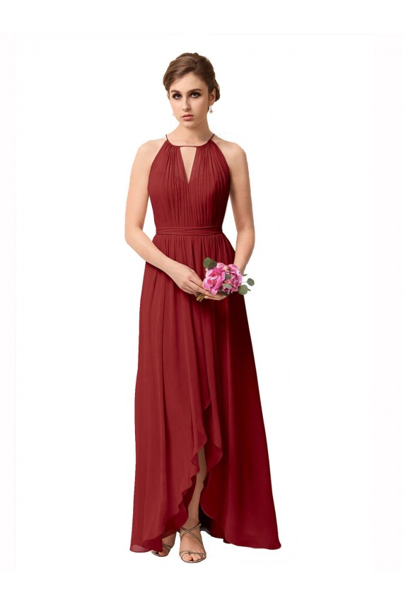 Sleeveless High Neck Soft Chiffon Burgundy High Low Bridesmaid Dress Bath