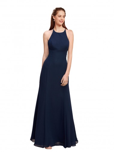 Sleeveless High Neck Soft Chiffon Dark Navy Long Prom Dress / Bridesmaid Dress Bath
