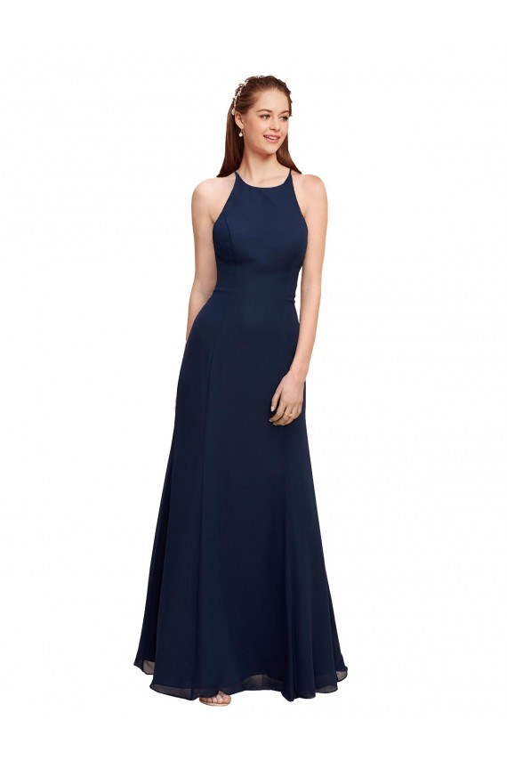 Sleeveless High Neck Soft Chiffon Dark Navy Long Prom Dress / Bridesmaid Dress Bath