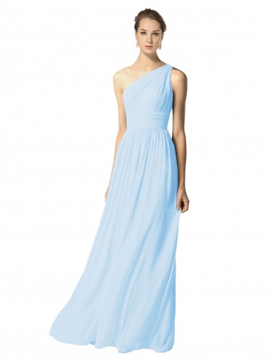 Sleeveless One Shoulder Soft Chiffon Light Sky Blue Long Bridesmaid Dress Bath