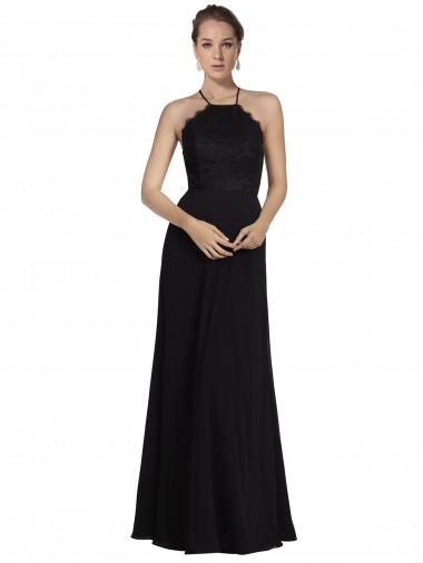Sleeveless Halter Neck Soft Chiffon & Lace Black Long Bridesmaid Gown Bath