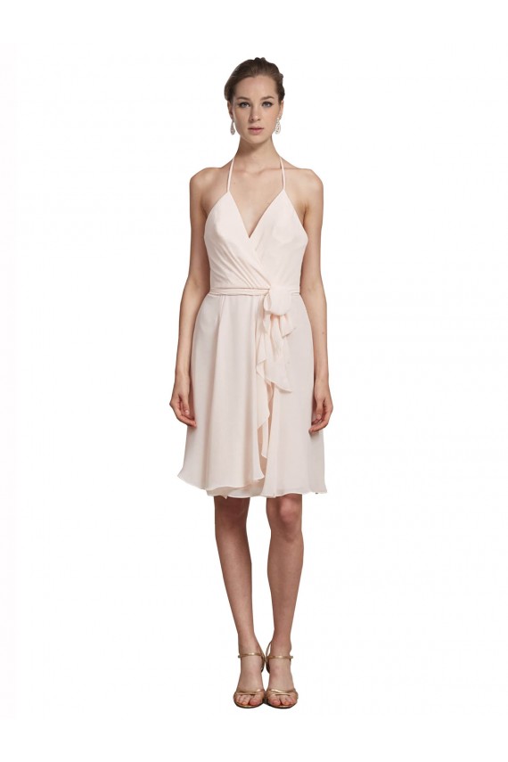 Sleeveless V-Neck Soft Chiffon Cream Pink Knee Length Bridesmaid Dress Bath