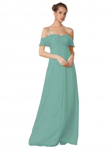 Flutter Sleeves Spaghetti Straps Soft Chiffon Seaside Long Bridesmaid Dress Bath