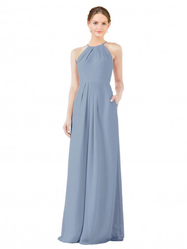 Sleeveless High Neck Soft Chiffon Dusty Blue Long Bridesmaid Dress Bath