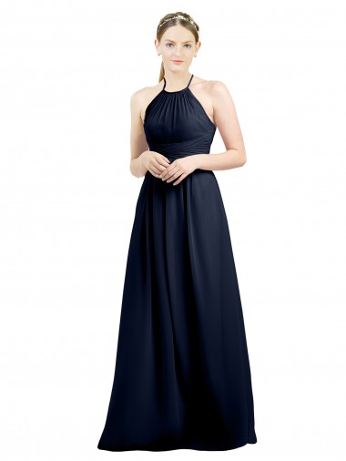Sleeveless High Neck Soft Chiffon Dark Navy Long Evening Gowns / Bridesmaid Dress Bath