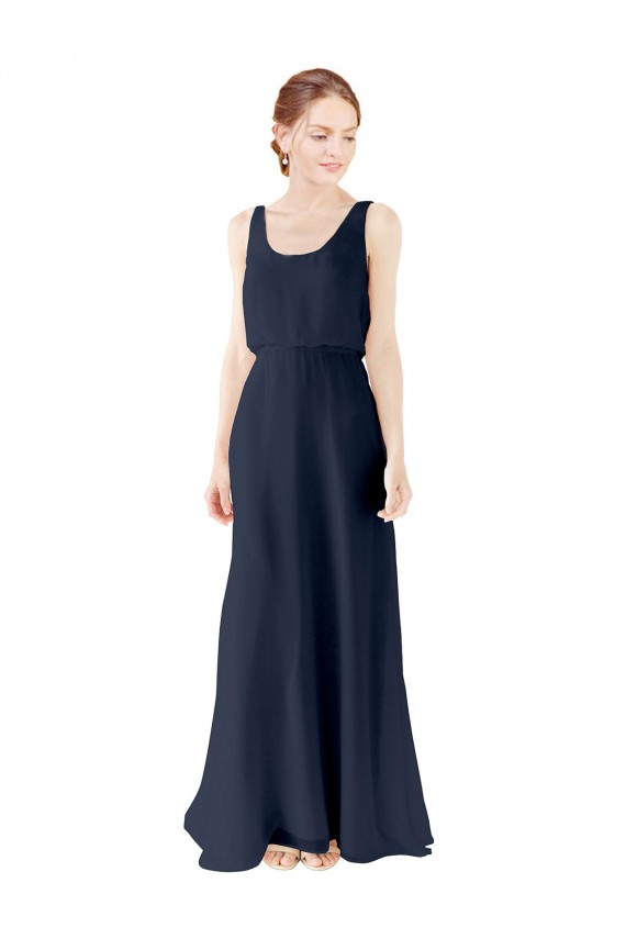 Sleeveless Scoop Neck Soft Chiffon Dark Navy Long Bridesmaid Dress Bath