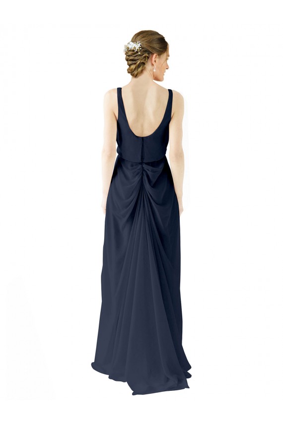 Sleeveless Scoop Neck Soft Chiffon Dark Navy Long Bridesmaid Dress Bath