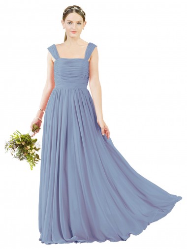 Sleeveless Square Neck Soft Chiffon Dusty Blue Long Bridesmaid Dress Bath