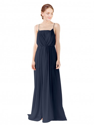 Sleeveless Spaghetti straps Chiffon Dark Navy Long Bridesmaid Dress / Evening Gowns Bath
