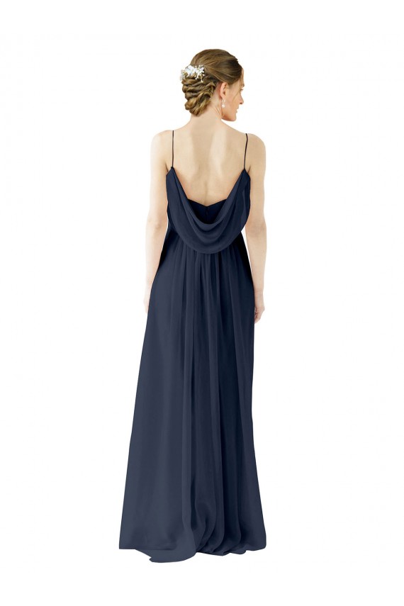 Sleeveless Spaghetti straps Chiffon Dark Navy Long Bridesmaid Dress / Evening Gowns Bath