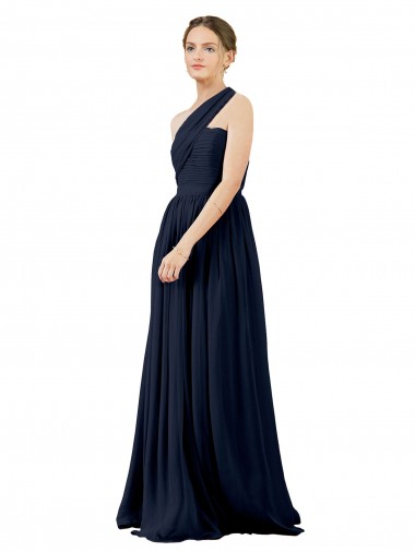 Sleeveless One Shoulder Chiffon Dark Navy Long Bridal Party Dress / Evening Dress Bath