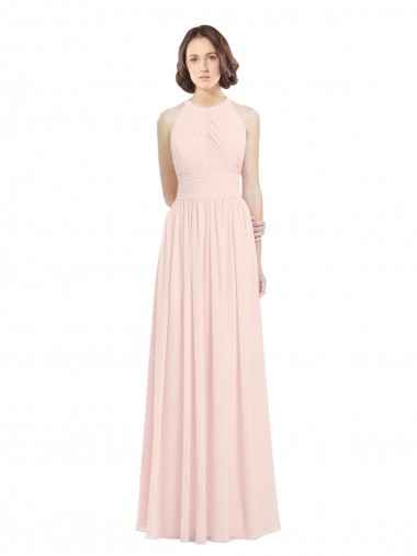 Sleeveless Halter Neck Soft Chiffon Pink Long Bridesmaid Dress Bath
