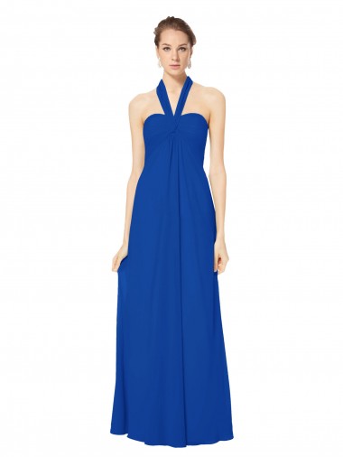 Sleeveless Halter Neck Chiffon Royal Blue Long Floor Length Bridesmaid Dress Bath
