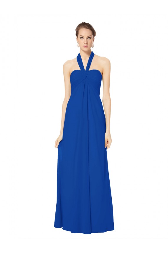 Sleeveless Halter Neck Chiffon Royal Blue Long Floor Length Bridesmaid Dress Bath