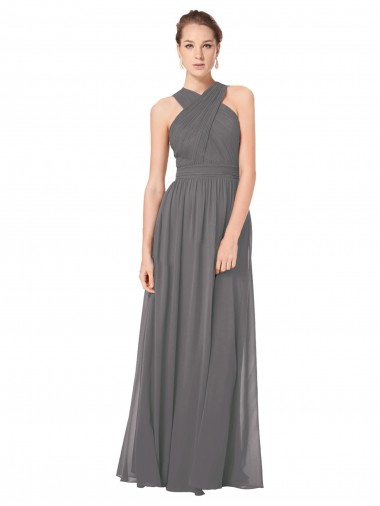 Sleeveless Halter Neck Soft Chiffon Stormy Silver Long Bridesmaid Dress Bath