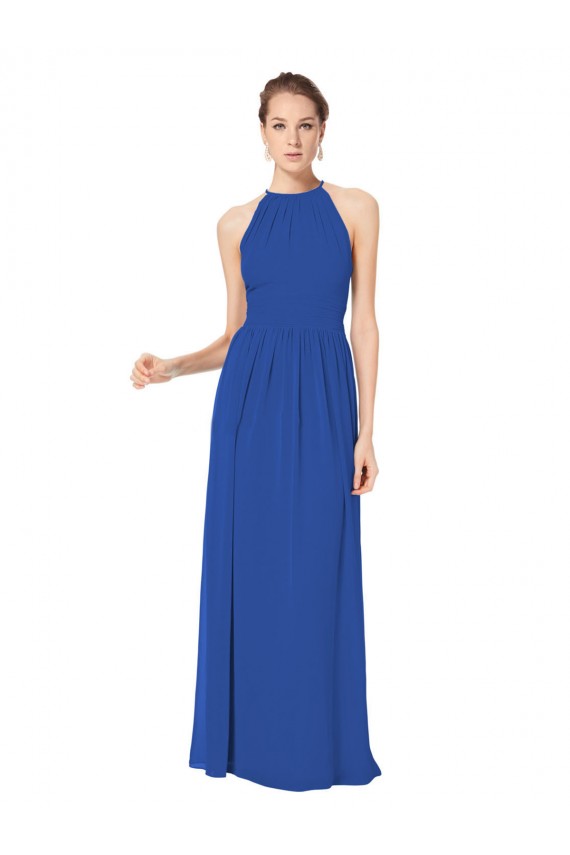 Sleeveless Halter Neck Chiffon Royal Blue Long Bridesmaid Dress / Evening Dress Bath