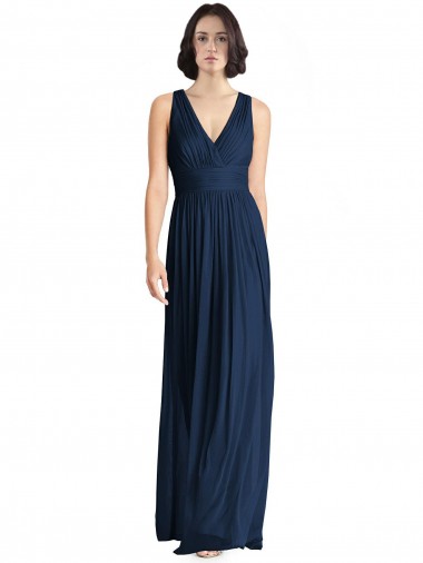 Sleeveless V-Neck Chiffon Dark Navy Long Floor Length Bridesmaid Dress Bath