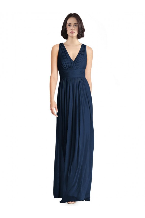 Sleeveless V-Neck Chiffon Dark Navy Long Floor Length Bridesmaid Dress Bath