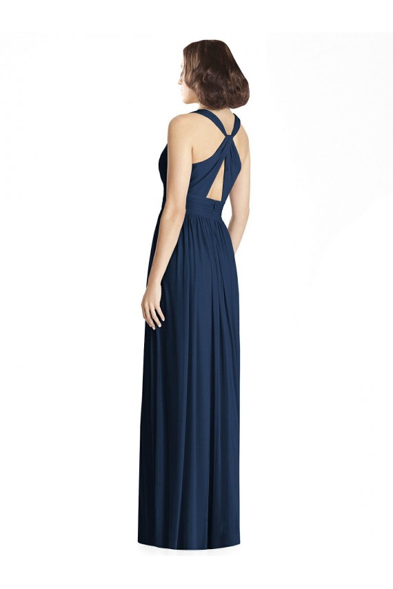Sleeveless V-Neck Chiffon Dark Navy Long Floor Length Bridesmaid Dress Bath