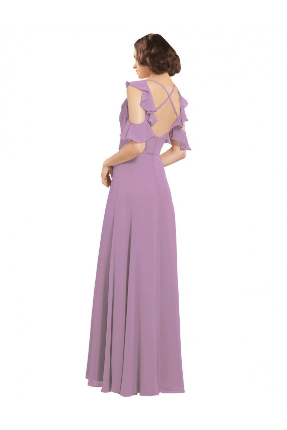 Cold Shoulder High Neck Soft Chiffon Dark Lavender Long Bridesmaid Dresses Bath