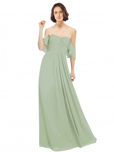 Cold Shoulder Off the Shoulder Soft Chiffon Smoke Green Long Bridesmaid Dress Bath