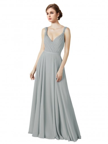 Sleeveless V-Neck Chiffon Silver Long Bridesmaid Dress / Evening Dress Bath