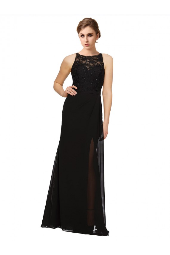Sleeveless High Neck Soft Chiffon & Lace Black Long Bridesmaid Dress Bath