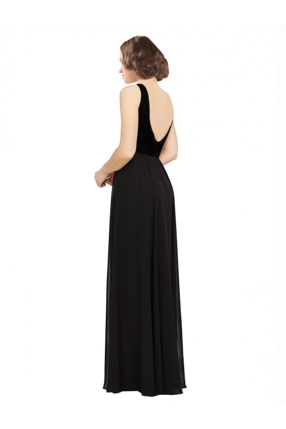Sleeveless V-Neck Soft Chiffon & Velvet Black Long Prom Dress / Bridesmaid Dress Bath