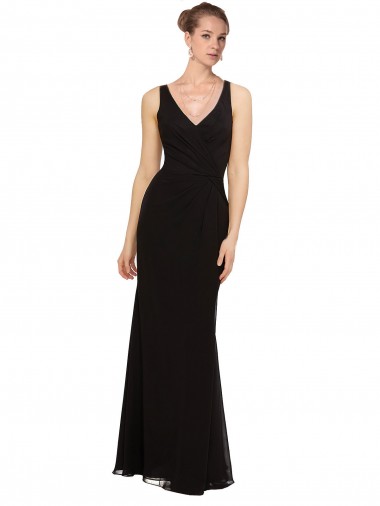 Sleeveless V-Neck Soft Chiffon Black Long Bridesmaid Gown Bath