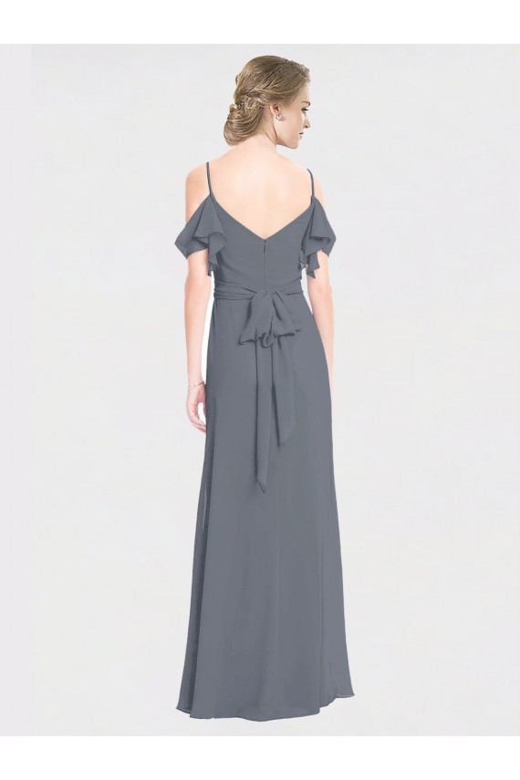Flutter Sleeves V-Neck Soft Chiffon Slate Grey Long Bridesmaid Dress Bath