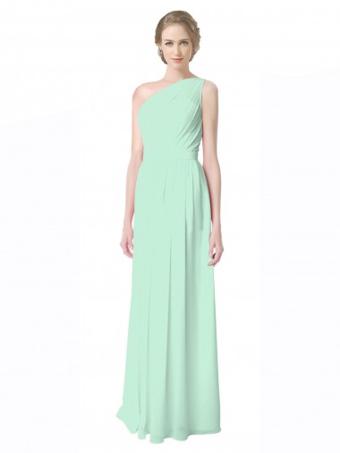 Sleeveless One Shoulder Soft Chiffon Mint Green Long Bridesmaid Dress Bath