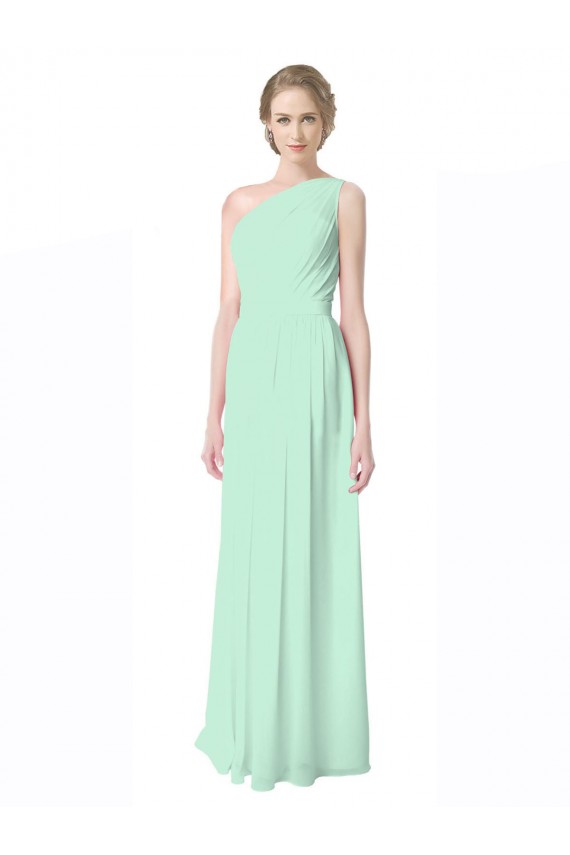 Sleeveless One Shoulder Soft Chiffon Mint Green Long Bridesmaid Dress Bath