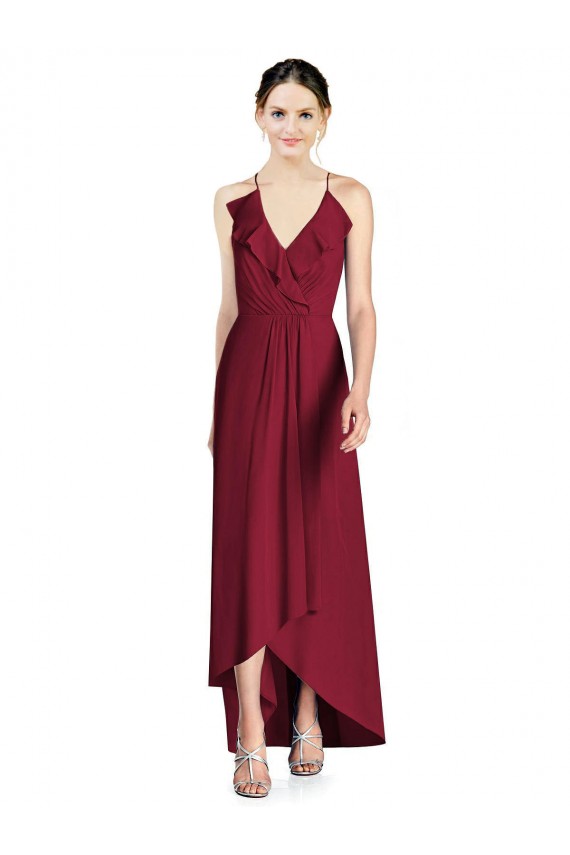 Sleeveless V-Neck Soft Chiffon Burgundy Long High Low Bridesmaid Dress Bath