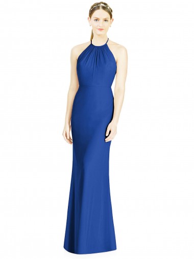 Sleeveless High Neck Soft Chiffon Royal Blue Long Bridesmaid Dress Bath