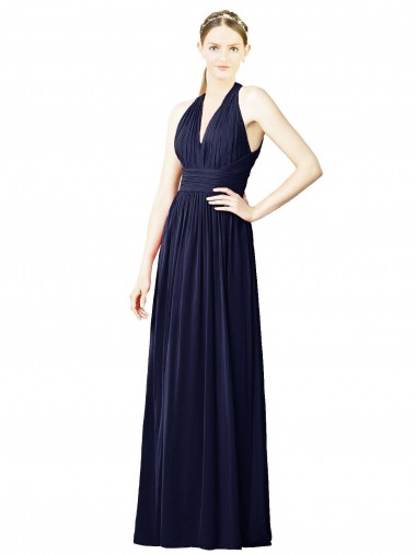 Sleeveless V-Neck Chiffon Dark Navy Long Bridesmaid Dresses Bath